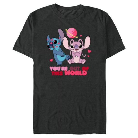 Disney Stitch & Angel You’re Out of This World Valentine’s - Short Sleeve Blended T-Shirt for Adults - Customized-Dark Heather