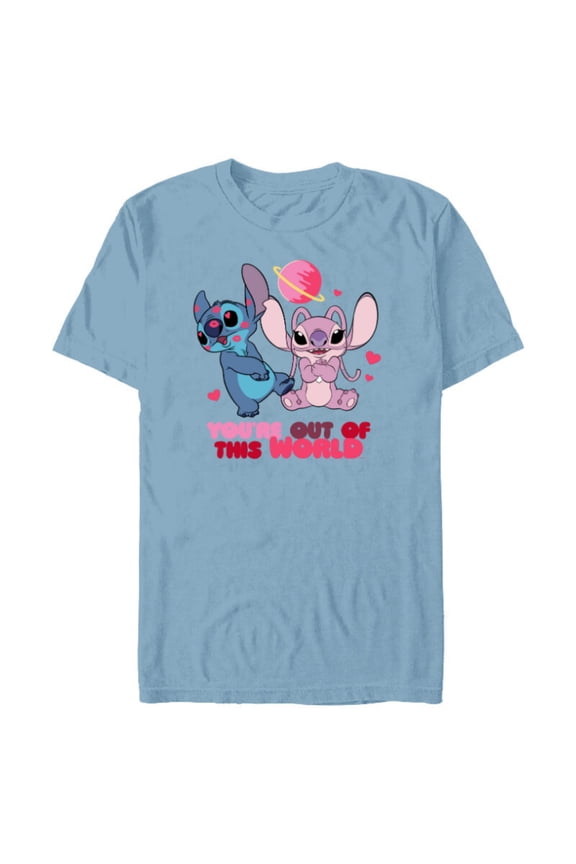Stitch & Angel You’re Out of This World Valentine’s - Short Sleeve Blended T-Shirt for Adults - Customized-Ocean Blue