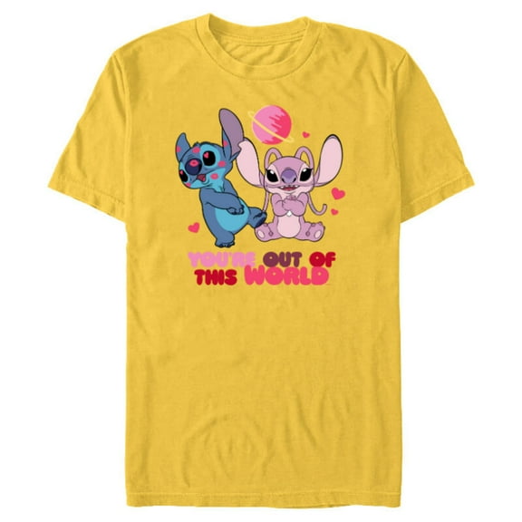 Disney Stitch & Angel You’re Out of This World Valentine’s - Short Sleeve Blended T-Shirt for Adults - Customized-Yellow