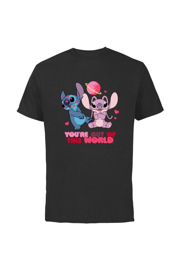 Stitch & Angel You’re Out of This World Valentine’s - Short Sleeve Cotton T-Shirt for Adults - Customized-Black