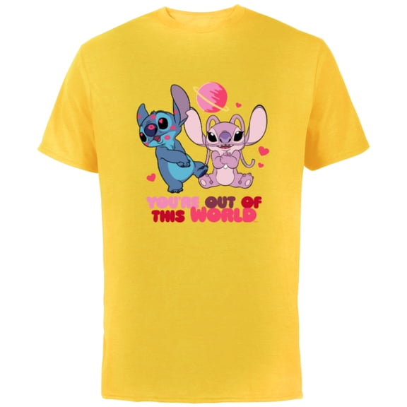 Disney Stitch & Angel You’re Out of This World Valentine’s - Short Sleeve Cotton T-Shirt for Adults - Customized-Yellow