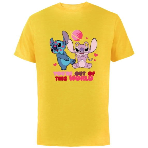 Disney Stitch & Angel You’re Out of This World Valentine’s - Short Sleeve Cotton T-Shirt for Adults - Customized-Yellow