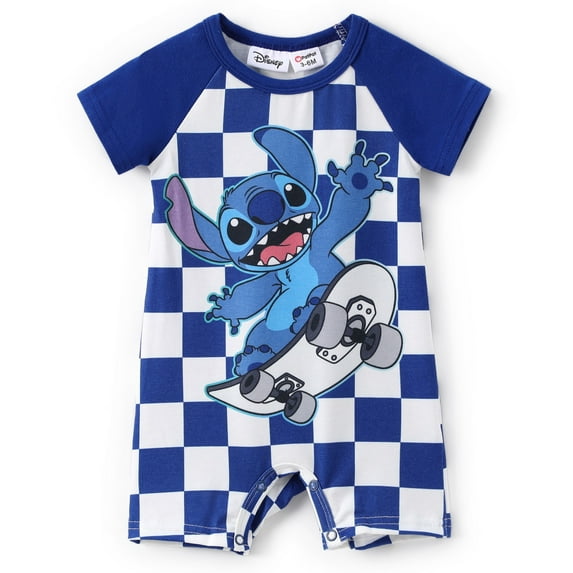 Disney Stitch Baby Boy Girl Romper Short Sleeve Skateboard Plaid One-piece Outfit Newborn Infant