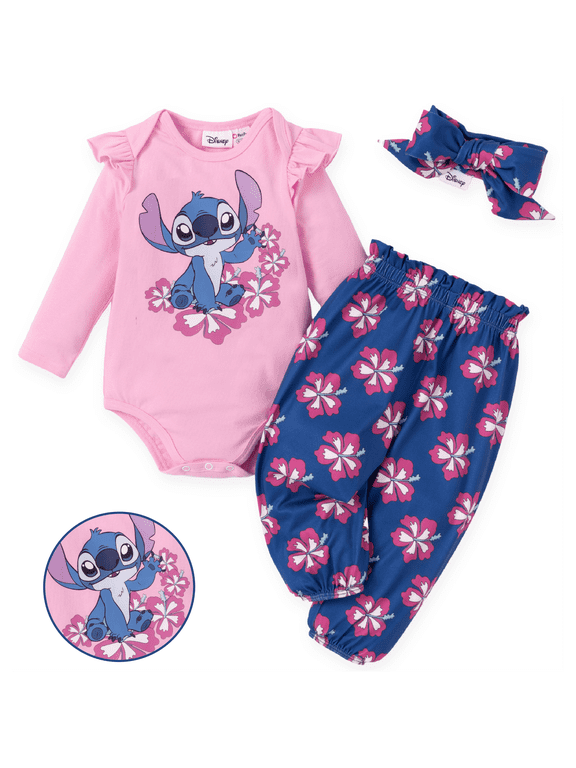 Stitch Baby Girls Boys Outfit Cotton Bodysuit Floral Pants Headband Gift Set Newborn Infant