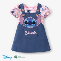 Disney Stitch Baby Girls Dresses Sets,Graphic Baby Bodysuits with Puffy Sleeves Denim Romper Outfits, Sizes 0/3-24M