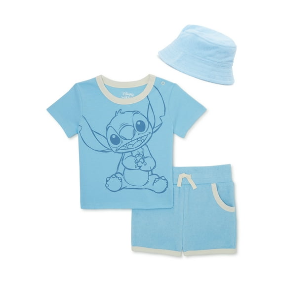 Disney Stitch Baby T-Shirt, Terry Shorts and Hat Outfit Set, 3-Pack, Sizes 0-24 Months