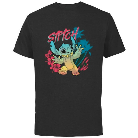 Disney Stitch Beach Vibes Hawai’i Hibiscus Flowers and Palms - Short Sleeve Cotton T-Shirt for Adults - Customized-Black