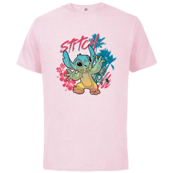 Disney Stitch Beach Vibes Hawai’i Hibiscus Flowers and Palms - Short Sleeve Cotton T-Shirt for Adults - Customized-Soft Pink