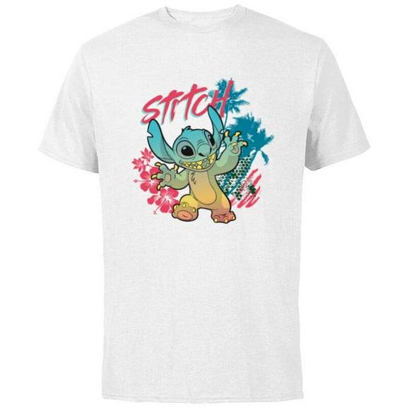 Disney Stitch Beach Vibes Hawai’i Hibiscus Flowers and Palms - Short Sleeve Cotton T-Shirt for Adults - Customized-White