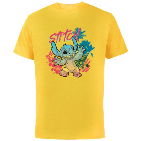 Disney Stitch Beach Vibes Hawai’i Hibiscus Flowers and Palms - Short Sleeve Cotton T-Shirt for Adults - Customized-Yellow