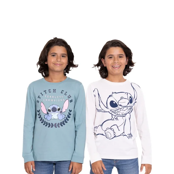 Disney Stitch Boys Graphic Tee with Long Sleeves, 2-Pack, Sizes 4-18