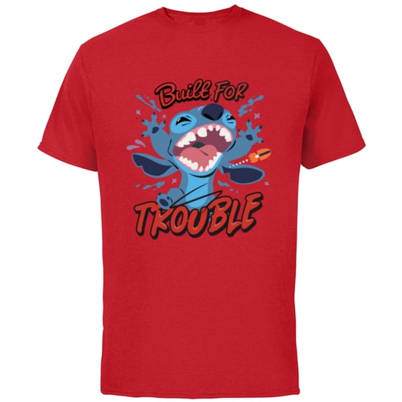 Disney Stitch Built for Trouble - Short Sleeve Cotton T-Shirt for Adults - Customized-Red