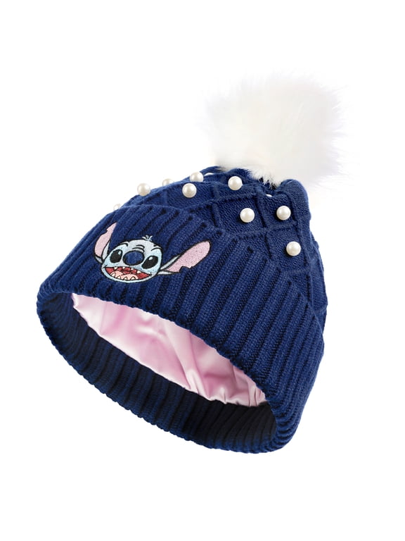 Disney Stitch Character Face & Pearl Appliques Blue Cuff Beanie