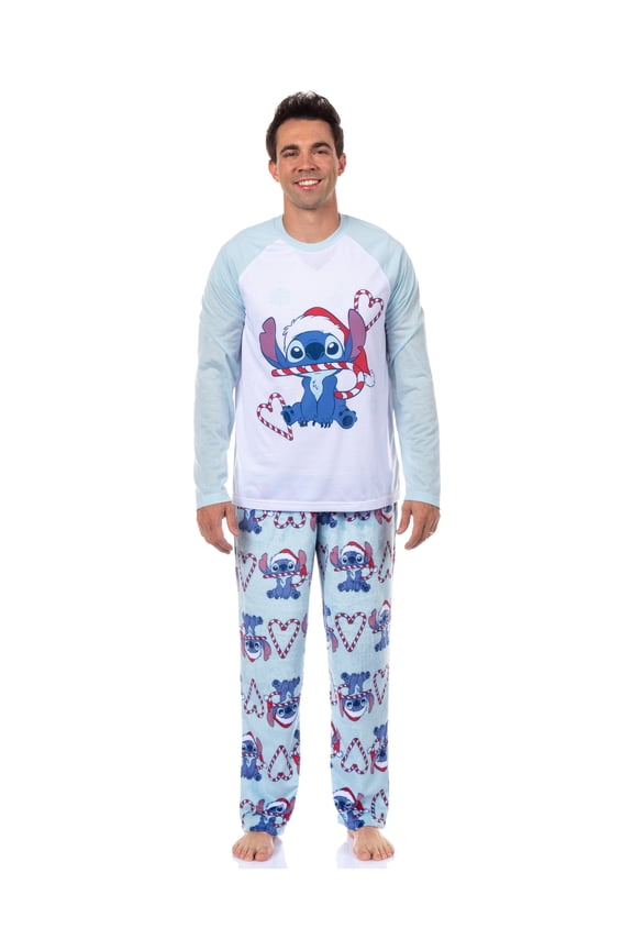 Disney Stitch Christmas Pajamas Men's Candy Cane 2 Piece PJ Lounge Set (L)