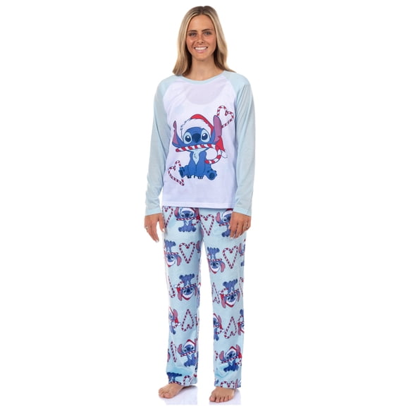 Disney Stitch Christmas Pajamas Women's Candy Cane 2 Piece PJ Lounge Set