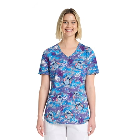 Disney Stitch Comet Women's V-Neck Print Scrub Top, Sizes XS-3XL