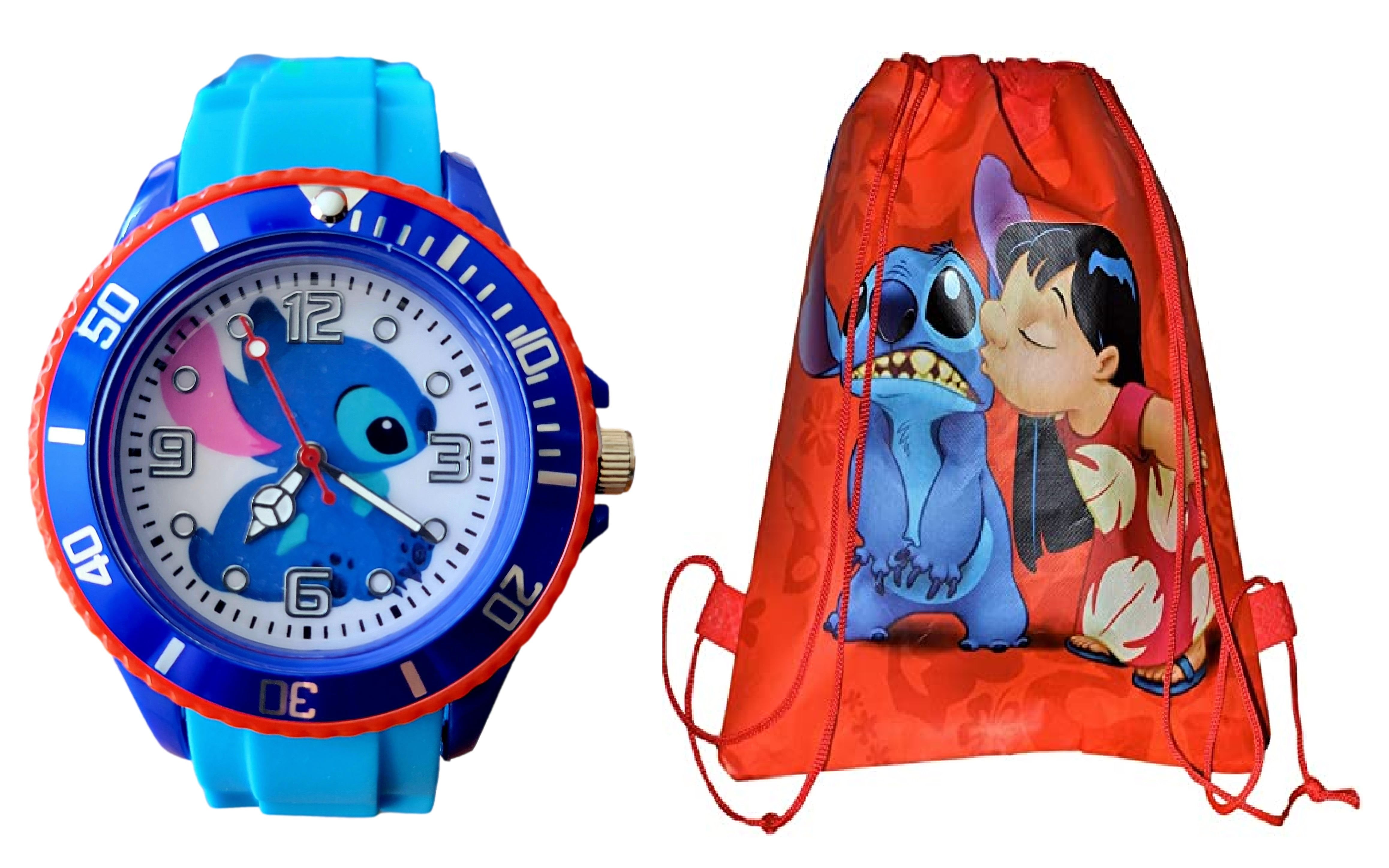 Disney Stitch Cute Analog Quartz Wrist Watch & Drawstring Backpack Gift Set  for Kids Boys Girls . Christmas, Birthday Best Gift.