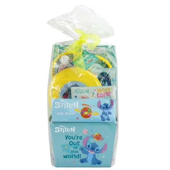Disney Stitch Easter Basket with Jelly Beans, Lollipop and Smarties Candy, 7.1 oz