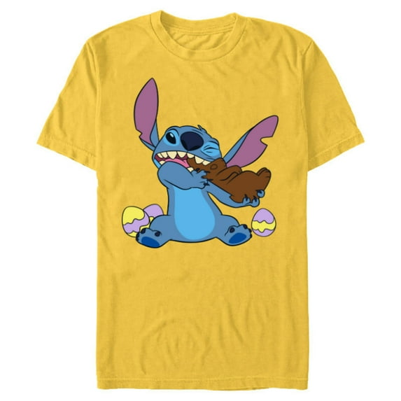 Disney Stitch Eats Chocolate Bunny Easter - Short Sleeve Blended T-Shirt for Adults - Customized-Yellow