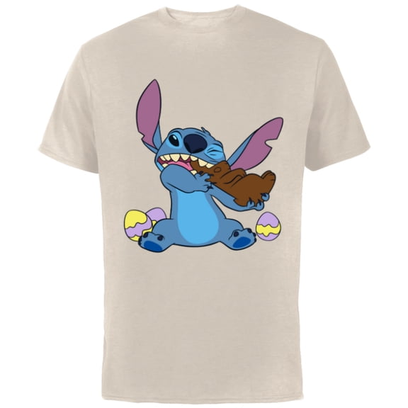 Disney Stitch Eats Chocolate Bunny with Easter Eggs Funny - Short Sleeve Cotton T-Shirt for Adults - Customized-Natural