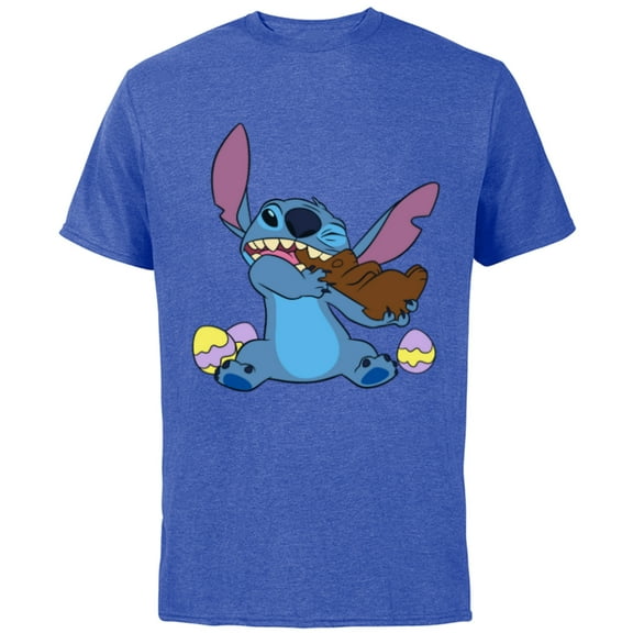 Disney Stitch Eats Chocolate Bunny with Easter Eggs Funny - Short Sleeve Cotton T-Shirt for Adults - Customized-Royal Heather
