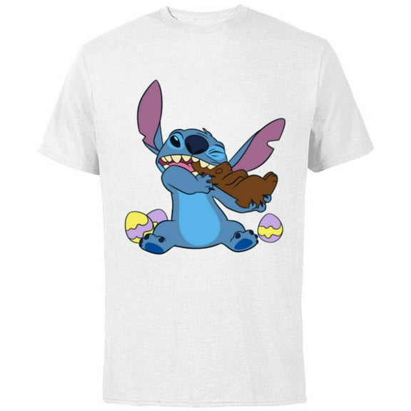 Disney Stitch Eats Chocolate Bunny with Easter Eggs Funny - Short Sleeve Cotton T-Shirt for Adults - Customized-White