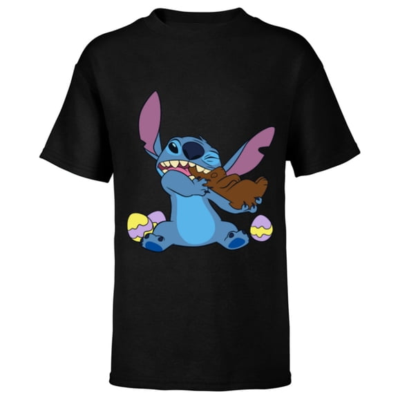 Disney Stitch Eats Chocolate Bunny with Easter Eggs Funny - Short Sleeve T-Shirt for Kids - Customized-Black