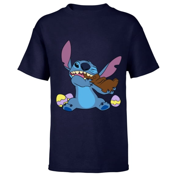 Disney Stitch Eats Chocolate Bunny with Easter Eggs Funny - Short Sleeve T-Shirt for Kids - Customized-Navy