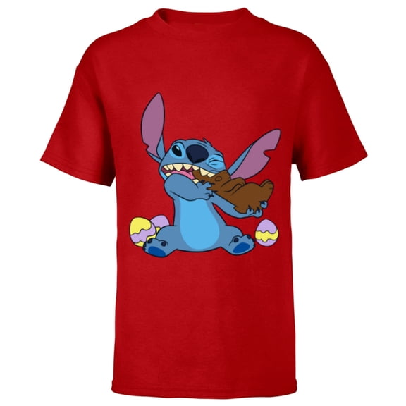 Disney Stitch Eats Chocolate Bunny with Easter Eggs Funny - Short Sleeve T-Shirt for Kids - Customized-Red