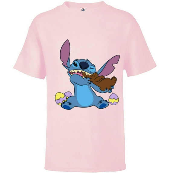 Disney Stitch Eats Chocolate Bunny Easter - Short Sleeve T-Shirt for Kids - Customized-Soft Pink
