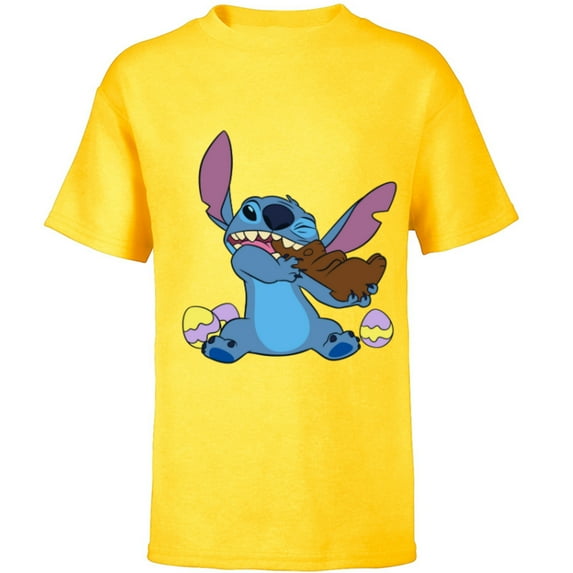 Disney Stitch Eats Chocolate Bunny with Easter Eggs Funny - Short Sleeve T-Shirt for Kids - Customized-Yellow