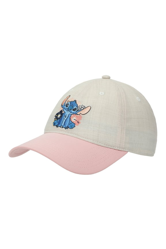 Disney Stitch Embroidered Character & Flowers Women's White & Pink Unstructured Baseball Cap