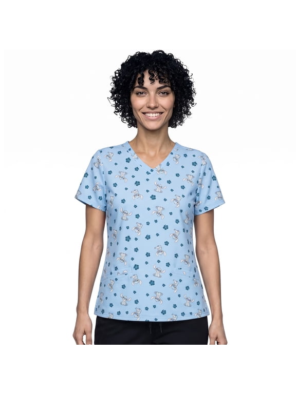 Stitch Floral Allover Print V-Neck Scrub Top for Women, Short Sleeve, Sizes S-3XL