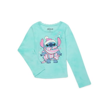 Disney Stitch Full of Joy Girls Long Sleeve Glitter Rib Tee, Sizes 4-16