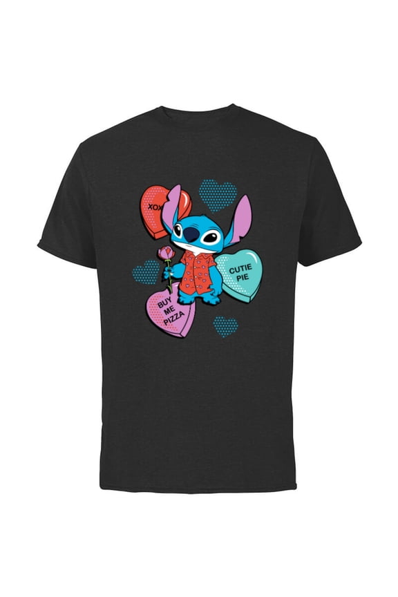 Stitch Funny Candy Hearts Valentine's Day - Short Sleeve Cotton T-Shirt for Adults - Customized-Black