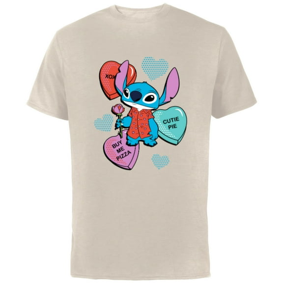 Disney Stitch Funny Candy Hearts Valentine's Day - Short Sleeve Cotton T-Shirt for Adults - Customized-Natural