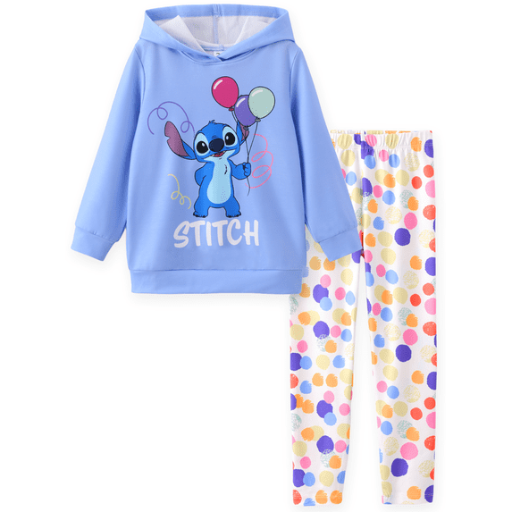 Disney Stitch Girls 2 Piece Outfit Blue Graphic Sweatshirt Hoodie Polka Dot Leggings Set Toddler Kid