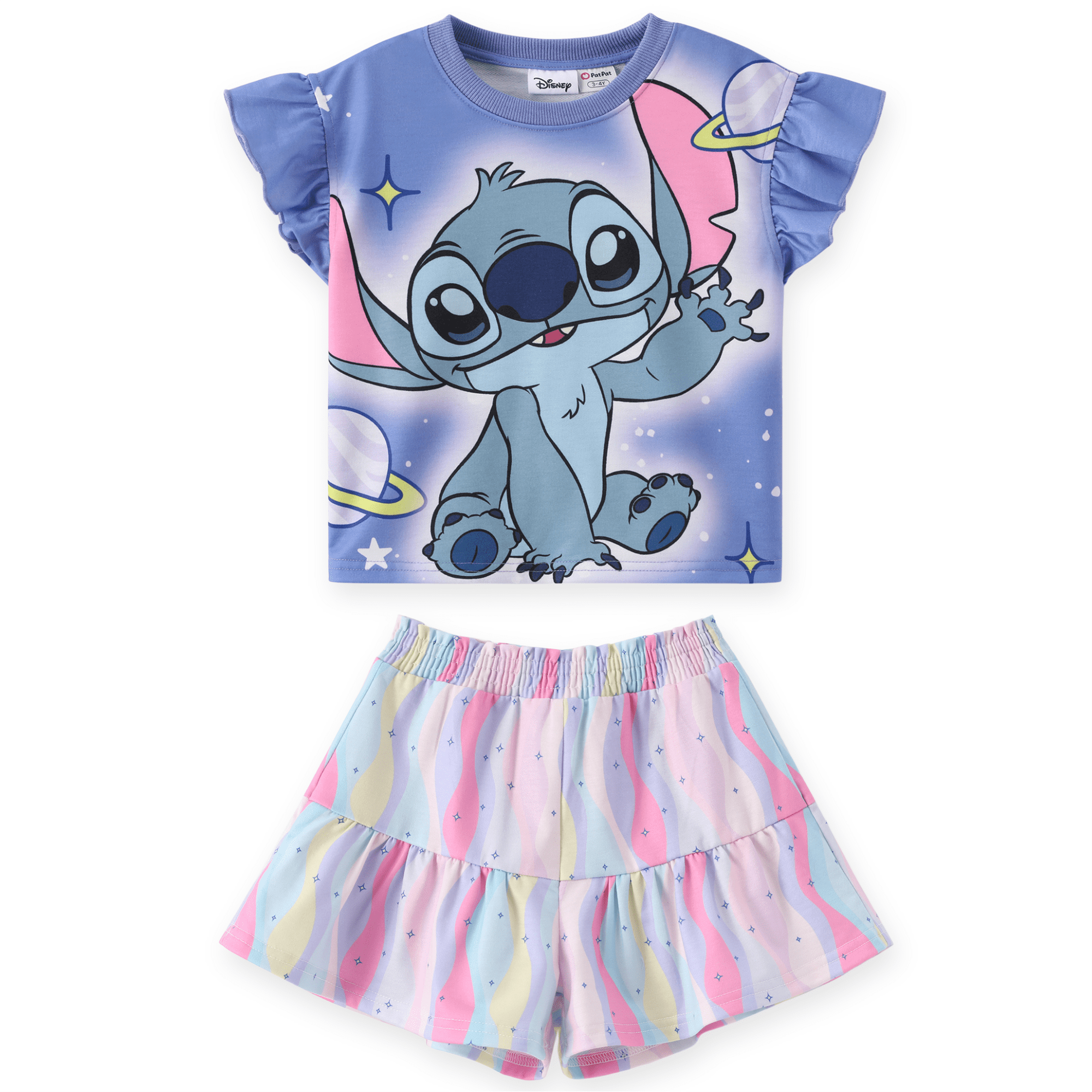 Disney Stitch Girls 2 Piece Outfit Ruffle Sleeve Graphic Crop T-shirt and Rainbow Tiered Skort Shorts Summer Set Kids 8-9Y