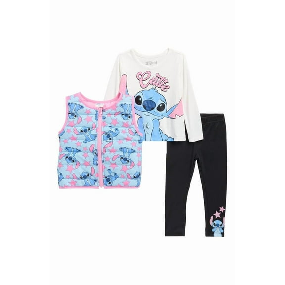 Disney Stitch Girls 3-Piece Outfit Set Puffer Vest, Long Sleeve Cutie Top & Leggings Toddler & Kids Clothing