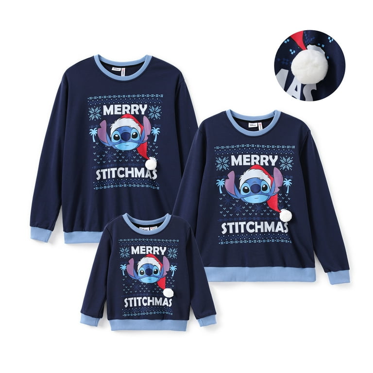 Disney Stitch Girls Boys Graphic Sweatshirts Character Pattern Blue Long Sleeves Christmas Pullover Sizes 2 14
