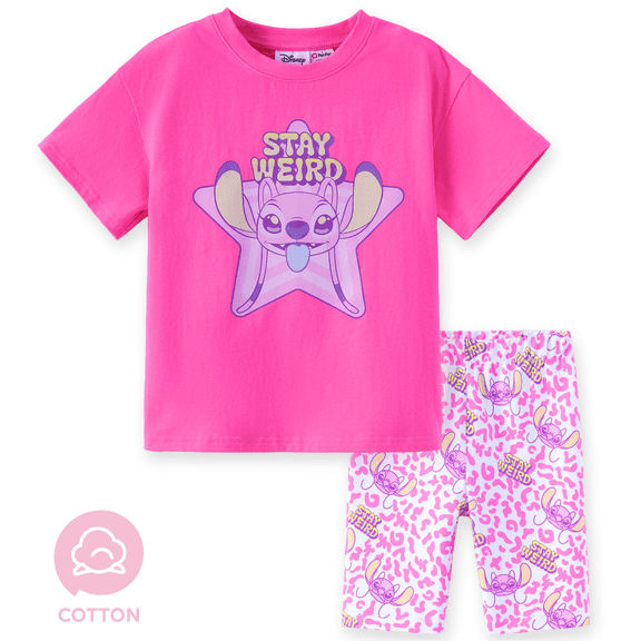 Disney Stitch Girls Clothes Angle Graphic Cotton Tee and Leggings Bike Shorts Pink Sports School Outfits Sets Toddlers Kids 4-5T