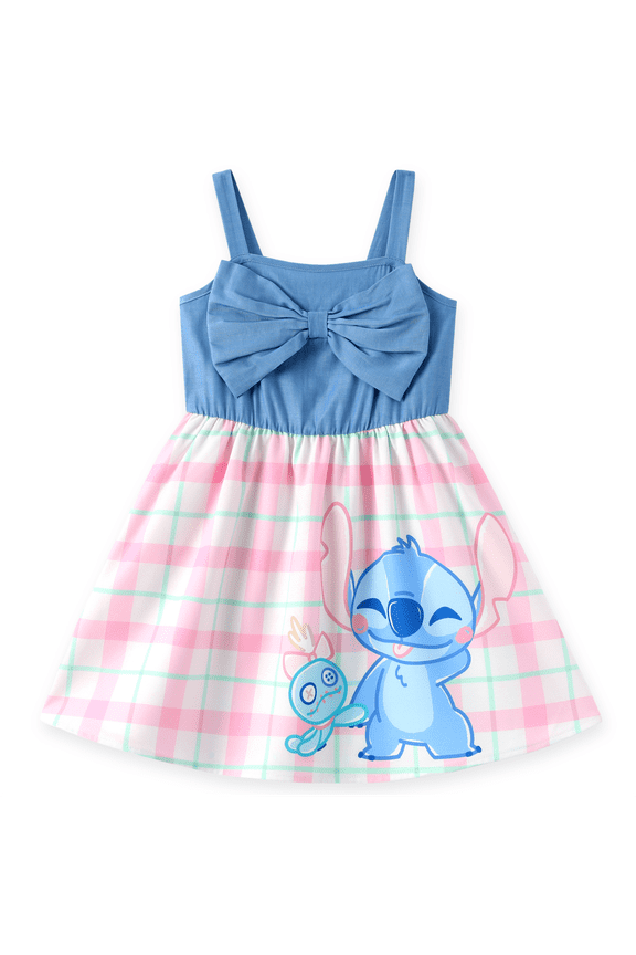 Stitch Girls Dress Pink Plaid Graphic Skirts with Faux Denim Bow Top Sleeveless Summer Outfit Kids 5-6Y