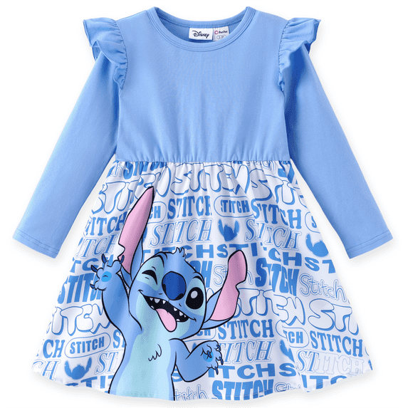Disney Stitch Girls Dresses Blue Ruffle Sleeve Character Cotton Casual Fall Dress Toddler Kids 3-4T