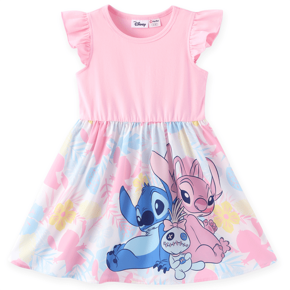 Disney Stitch Girls Dresses Cotton Angle Graphic Pink Floral Flower Flowy Valentine's Day Summer Sundresses Toddlers Kids 3-4T