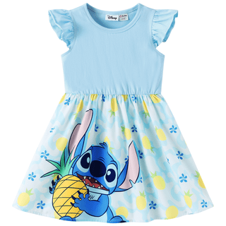 Disney Stitch Girls Dresses Graphic Blue Cotton Easter Spring Summer Holiday Hawaii Dress Kids 6-7Y