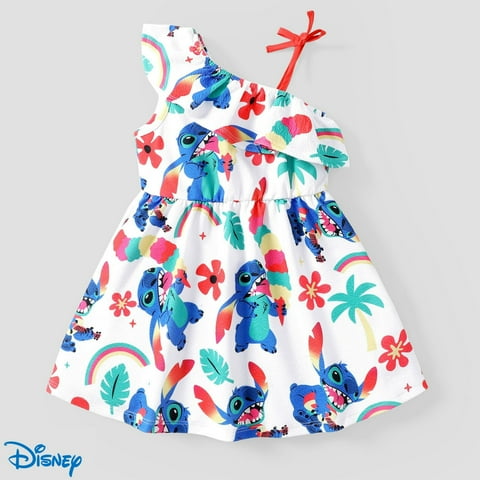 Stitch Girls Dresses Graphic Floral Ruffled One Shoulder Outfits for Summer, Sizes 2-6