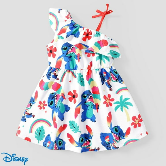 Disney Stitch Girls Dresses Graphic Floral Ruffled One Shoulder Outfits for Summer, Sizes 2-6