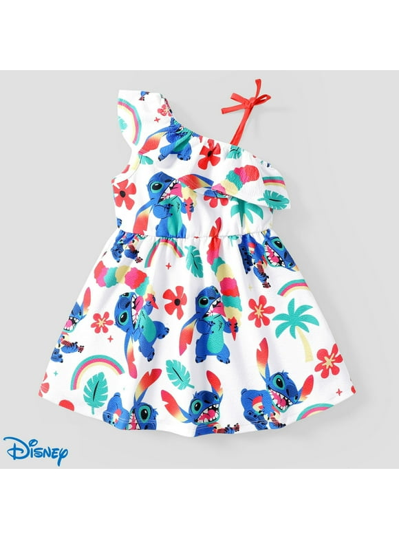 Stitch Girls Dresses Graphic Floral Ruffled One Shoulder Outfits for Summer, Sizes 2-6