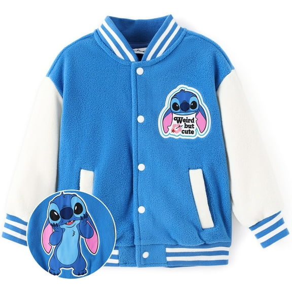 Disney Stitch Girls Fleece Bomber Jackets Graphic Winter Plush Varsity Outerwear Coats Kids 8-9Y