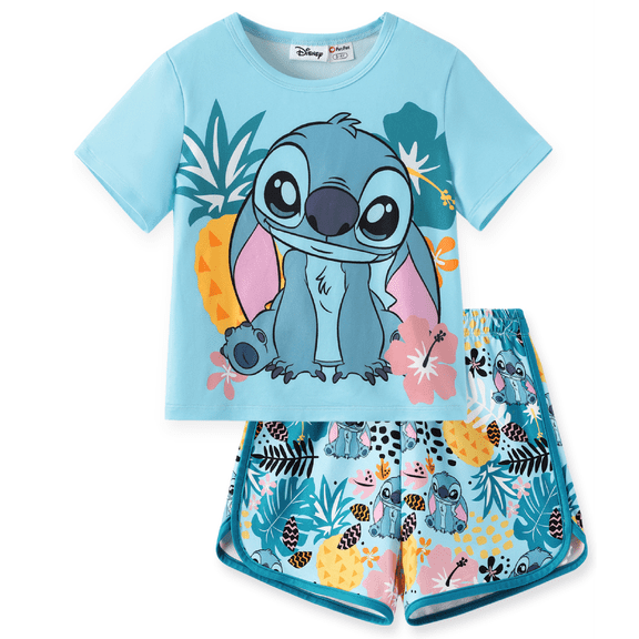 Disney Stitch Girls Graphic Tee and Dolphin Shorts 2-Piece Blue School Casual Beach Outfit Set Kids 6-7Y